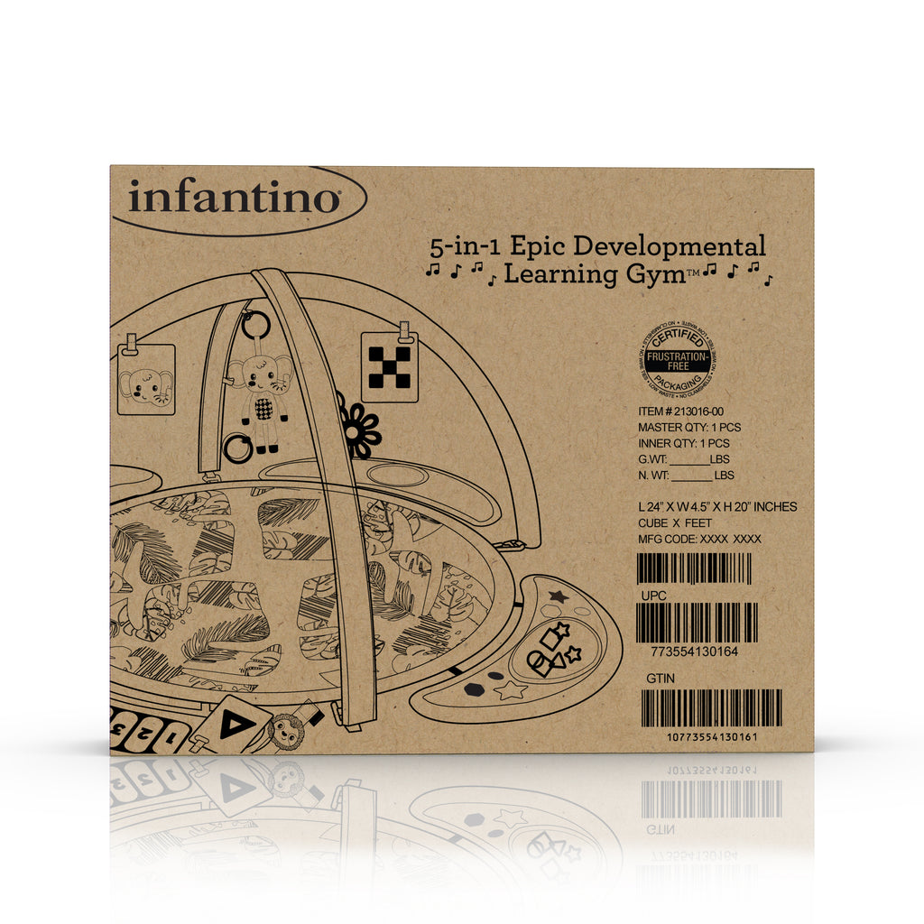  Infantino 5-in-1 Epic Developmental Learning Gym - 3 Play  Modes, 5 Must-Have Baby Basics, Prop-Up Bolster, On-The-Go Activities, High  Contrast Flashcards, Adjustable/Removable Arches, 32 Giant Mat : Baby